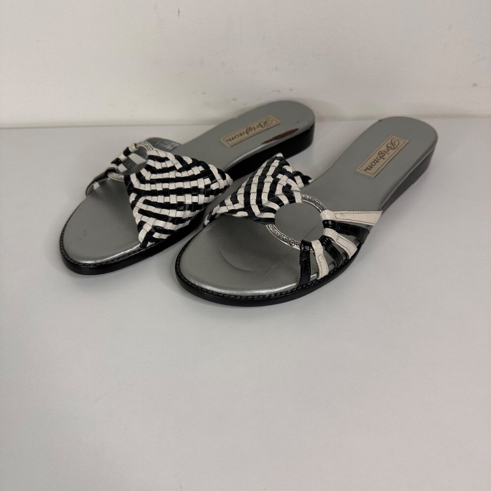 Brighton Corfu Black & White Woven Leather Slide Sandals Size 7x M Women's